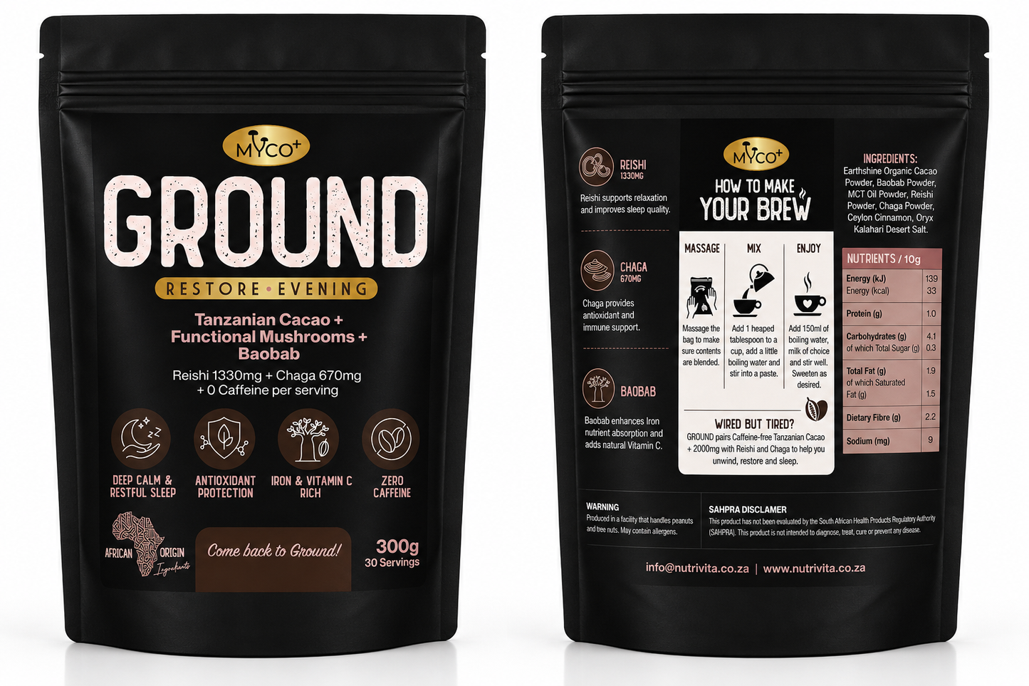 Myco+ GROUND Mushroom Cacao — Reishi + Chaga, Caffeine-Free