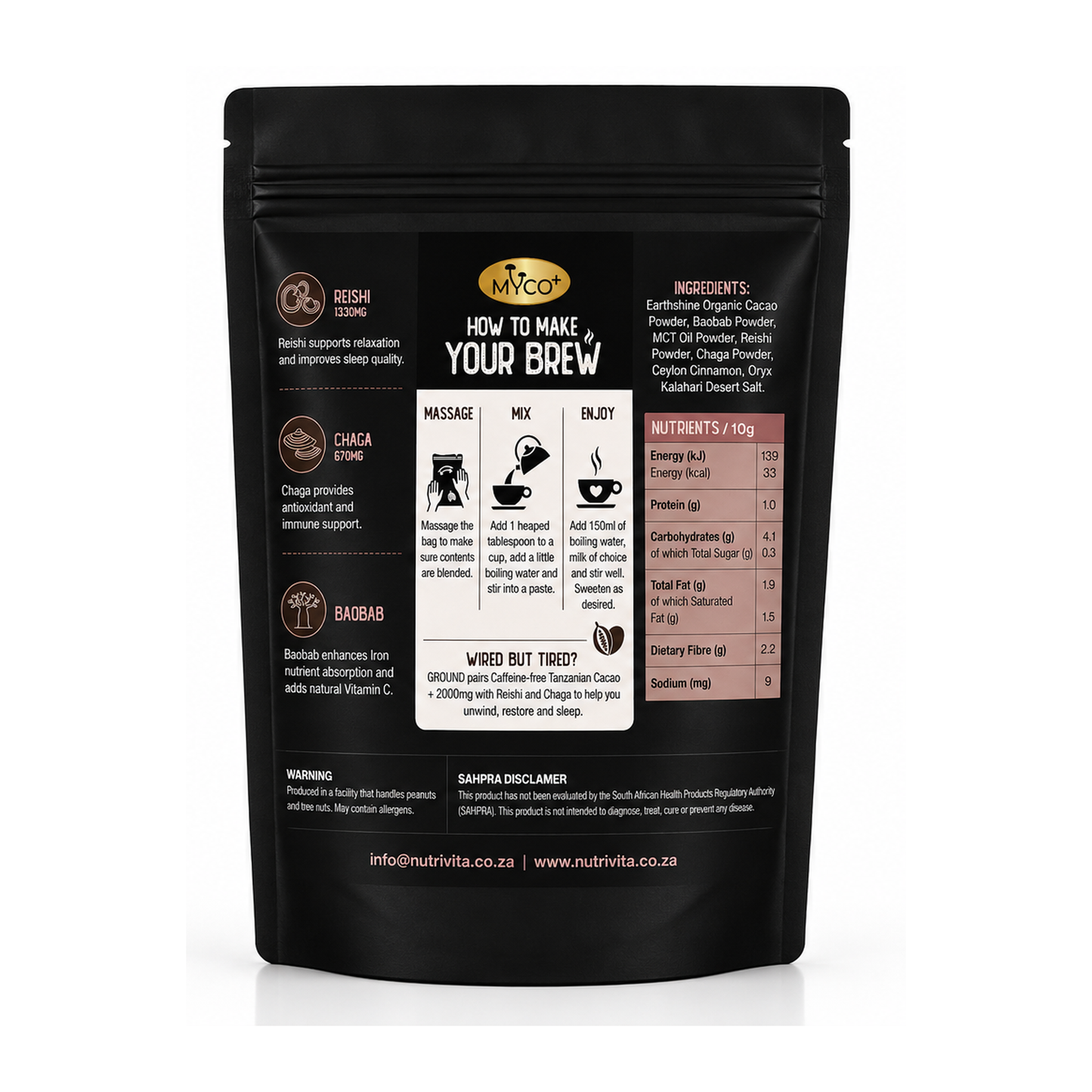 Myco+ GROUND Mushroom Cacao — Reishi + Chaga, Caffeine-Free