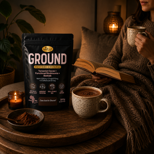 Myco+ GROUND Mushroom Cacao — Reishi + Chaga, Caffeine-Free
