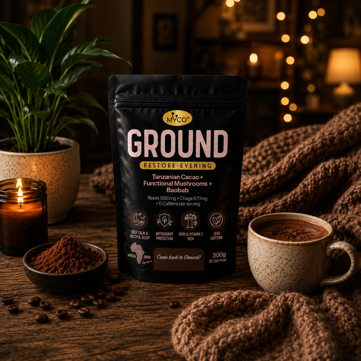 Myco+ GROUND Mushroom Cacao — Reishi + Chaga, Caffeine-Free