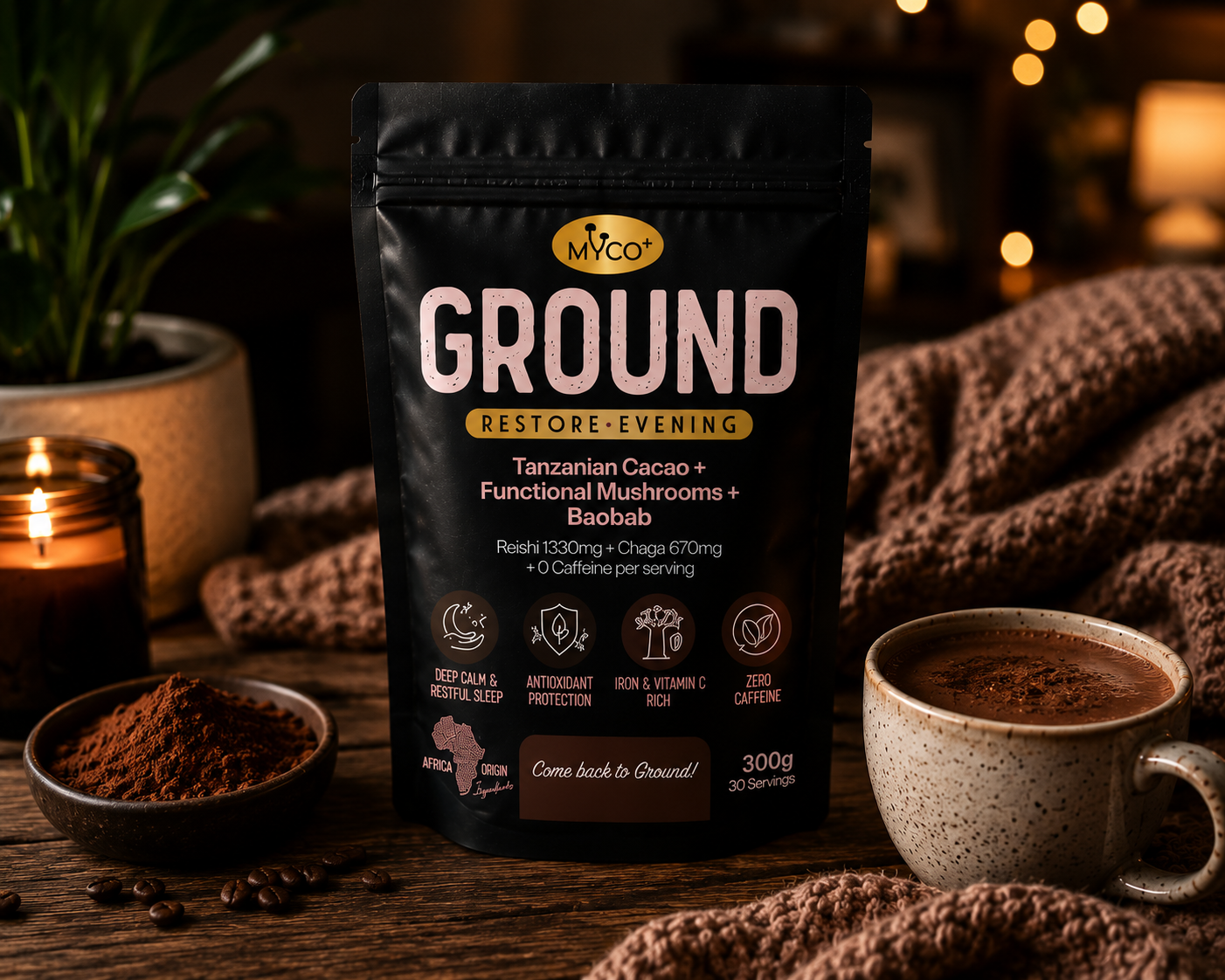 Myco+ GROUND Mushroom Cacao — Reishi + Chaga, Caffeine-Free